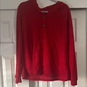 Source Unknown Red Waffle Knit Hoodie with Henley Buttons